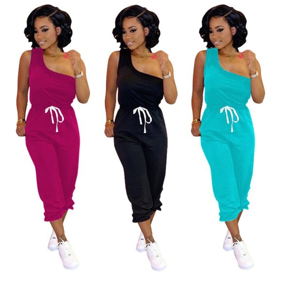 Women's One Shoulder Crop Top & Drawstring High Waist Pants Set Multicolor L - Picture 1 of 1